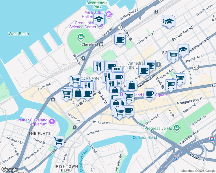 map of restaurants, bars, coffee shops, grocery stores, and more near 205 West Saint Clair Avenue in Cleveland