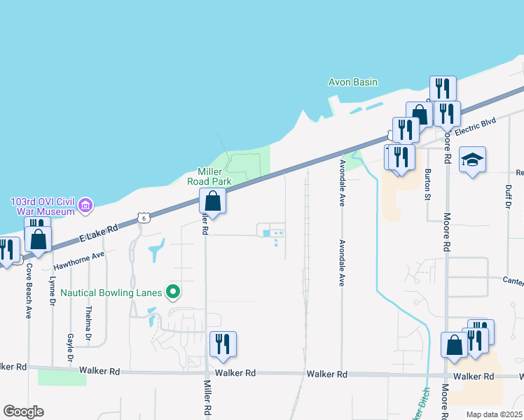 map of restaurants, bars, coffee shops, grocery stores, and more near 33687 Lake Road in Avon Lake