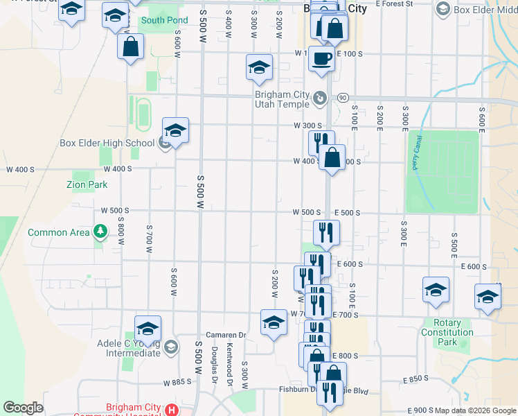 map of restaurants, bars, coffee shops, grocery stores, and more near 228 West 500 South in Brigham City