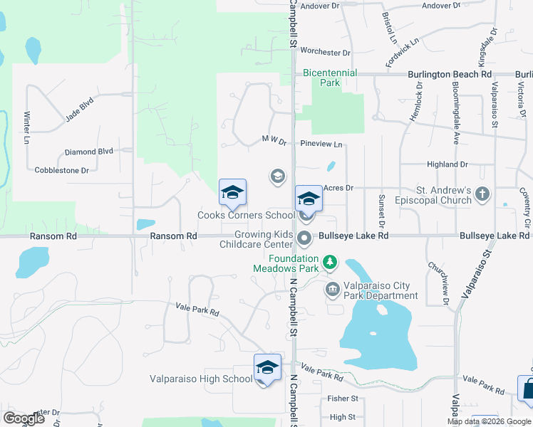 map of restaurants, bars, coffee shops, grocery stores, and more near 16 Brookshire Drive in Valparaiso