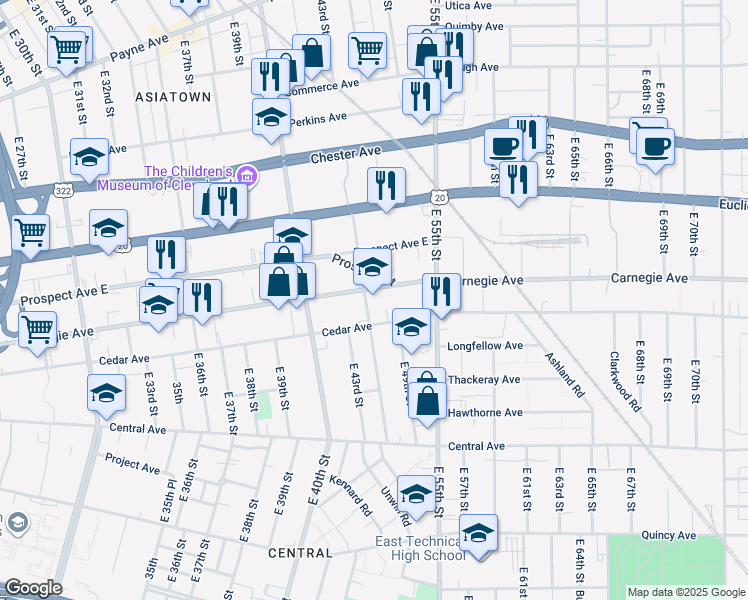map of restaurants, bars, coffee shops, grocery stores, and more near 4600 Carnegie Avenue in Cleveland