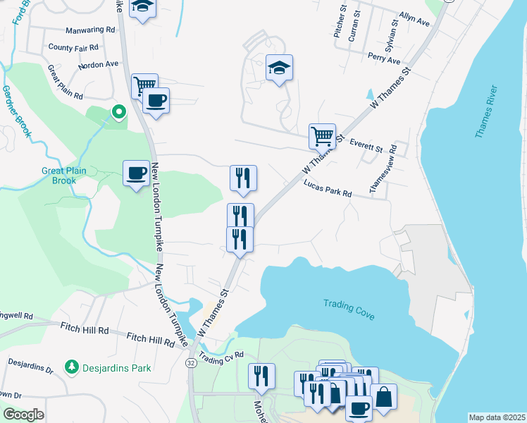 map of restaurants, bars, coffee shops, grocery stores, and more near 656 West Thames Street in Norwich