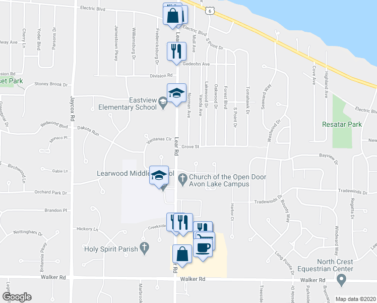 map of restaurants, bars, coffee shops, grocery stores, and more near 32051 Grove Street in Avon Lake