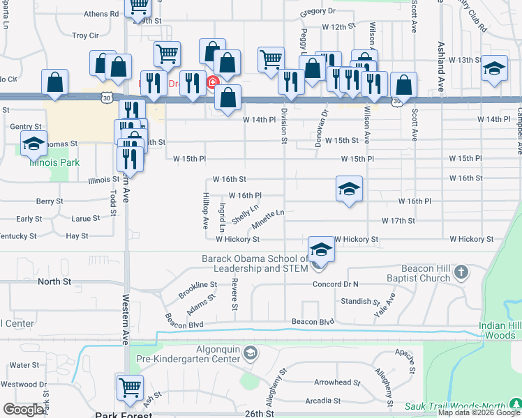 map of restaurants, bars, coffee shops, grocery stores, and more near 551 Minette Lane in Chicago Heights