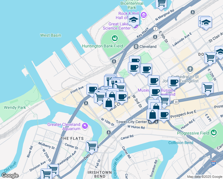 map of restaurants, bars, coffee shops, grocery stores, and more near 1212 West 6th Street in Cleveland