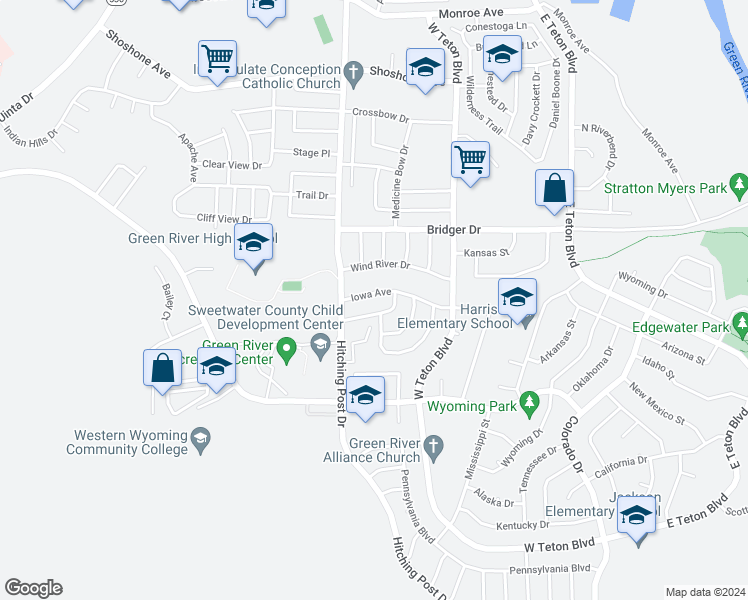 map of restaurants, bars, coffee shops, grocery stores, and more near 510 Iowa Avenue in Green River