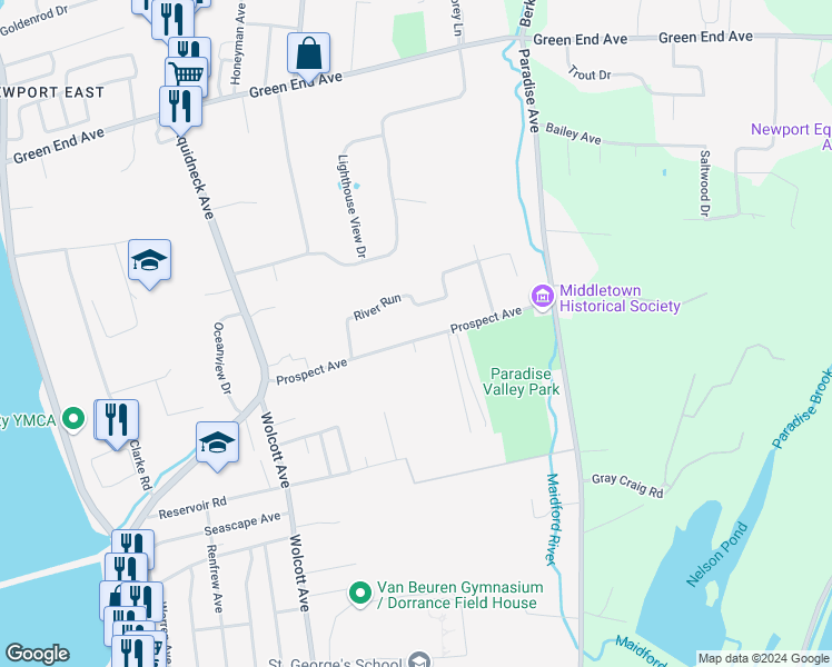 map of restaurants, bars, coffee shops, grocery stores, and more near 145 Prospect Avenue in Middletown