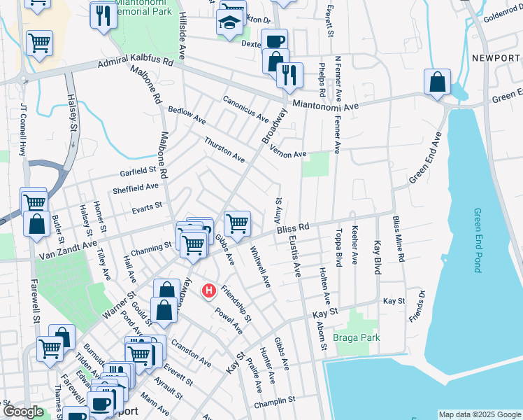 map of restaurants, bars, coffee shops, grocery stores, and more near 20 Ledyard Street in Newport