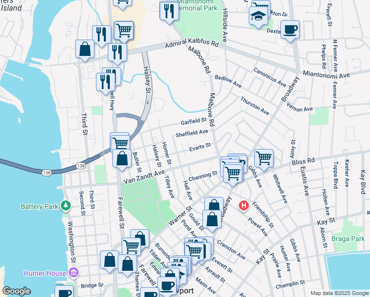 map of restaurants, bars, coffee shops, grocery stores, and more near 4 Armstrong Place in Newport