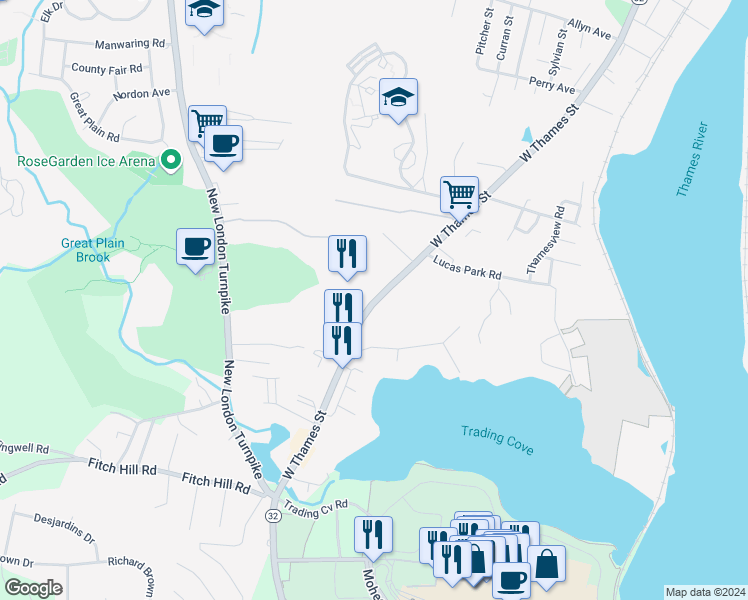 map of restaurants, bars, coffee shops, grocery stores, and more near 656 West Thames Street in Norwich