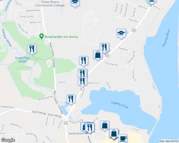 map of restaurants, bars, coffee shops, grocery stores, and more near 656 West Thames Street in Norwich