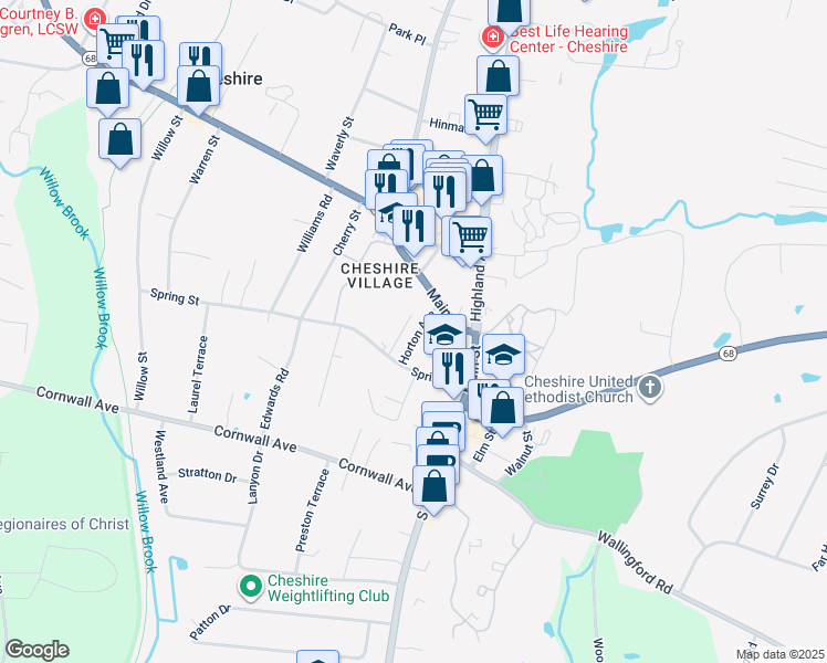 map of restaurants, bars, coffee shops, grocery stores, and more near 55 Horton Avenue in Cheshire