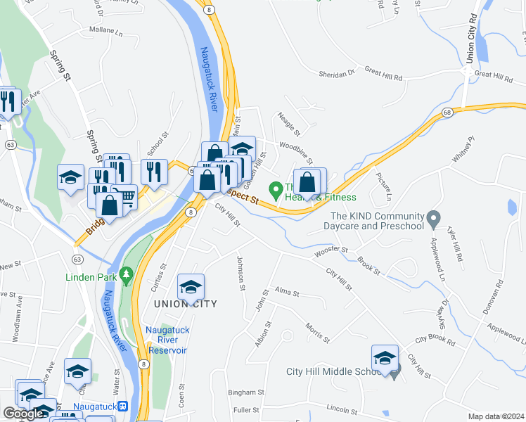 map of restaurants, bars, coffee shops, grocery stores, and more near 84 City Hill Street in Naugatuck