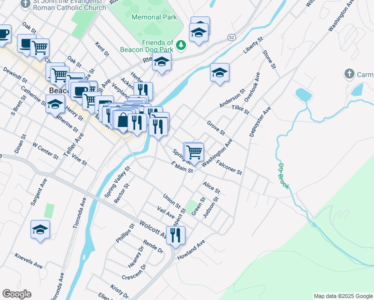 map of restaurants, bars, coffee shops, grocery stores, and more near 7 East Street in Beacon