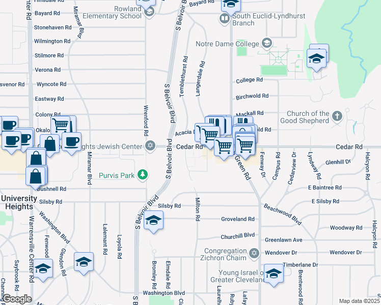 map of restaurants, bars, coffee shops, grocery stores, and more near 2150 Milton Road in University Heights