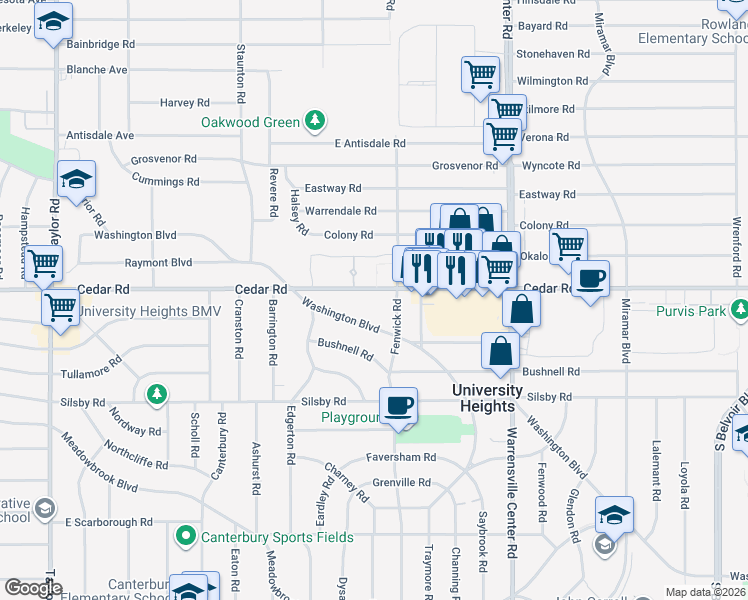 map of restaurants, bars, coffee shops, grocery stores, and more near 2176 Fenwick Road in University Heights
