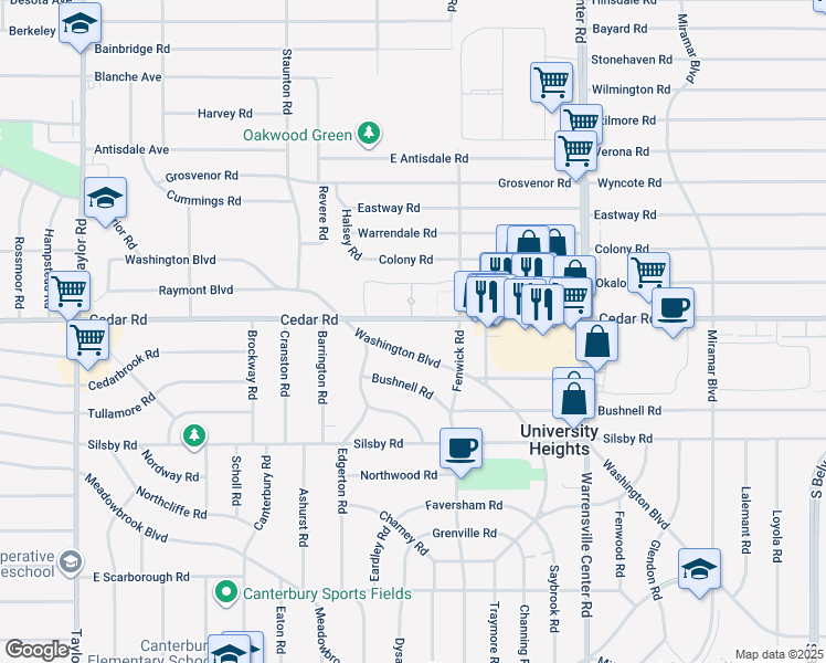 map of restaurants, bars, coffee shops, grocery stores, and more near 3809 Washington Boulevard in University Heights