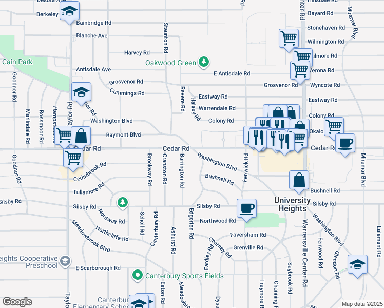 map of restaurants, bars, coffee shops, grocery stores, and more near 2175 Barrington Road in University Heights