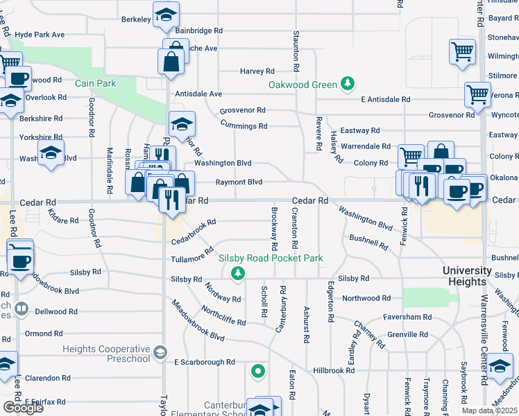 map of restaurants, bars, coffee shops, grocery stores, and more near 3605 Cedarbrook Road in Cleveland Heights
