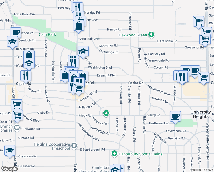 map of restaurants, bars, coffee shops, grocery stores, and more near 3565 Cedarbrook Road in Cleveland Heights