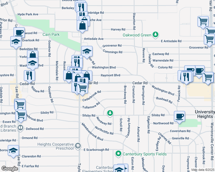 map of restaurants, bars, coffee shops, grocery stores, and more near 3565 Cedarbrook Road in Cleveland Heights