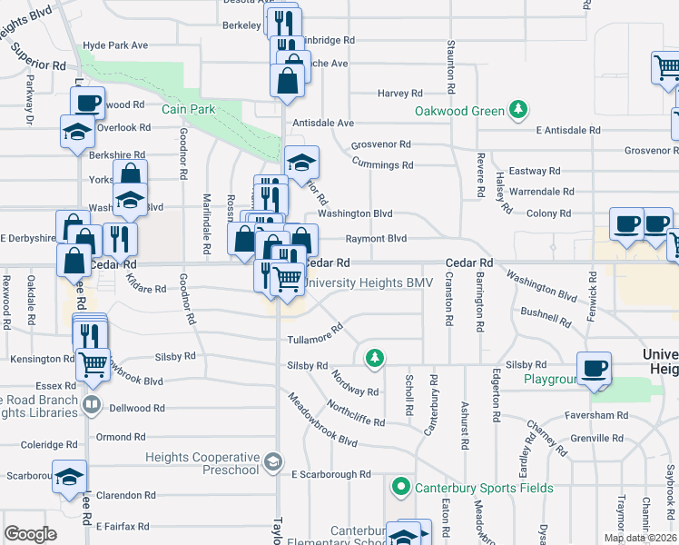 map of restaurants, bars, coffee shops, grocery stores, and more near 3525 Cedarbrook Road in Cleveland Heights