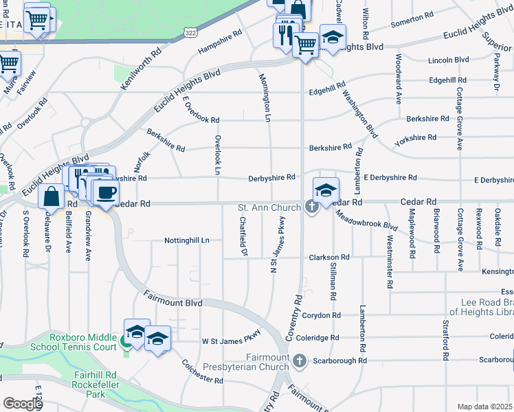 map of restaurants, bars, coffee shops, grocery stores, and more near 2171 Chatfield Drive in Cleveland Heights