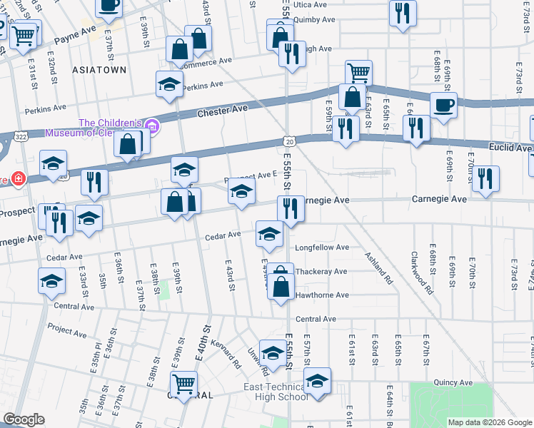 map of restaurants, bars, coffee shops, grocery stores, and more near in Cleveland
