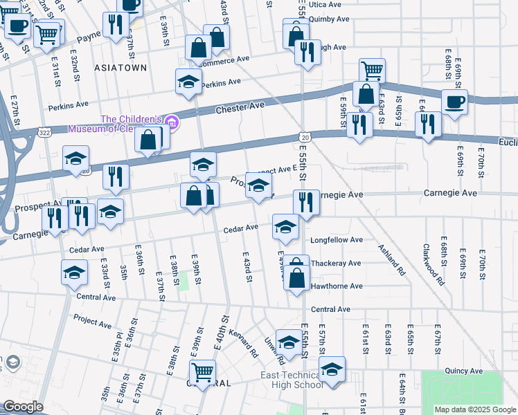 map of restaurants, bars, coffee shops, grocery stores, and more near 4801 Cedar Avenue in Cleveland