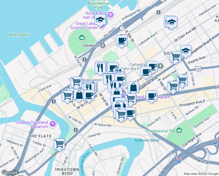map of restaurants, bars, coffee shops, grocery stores, and more near 205 West Saint Clair Avenue in Cleveland