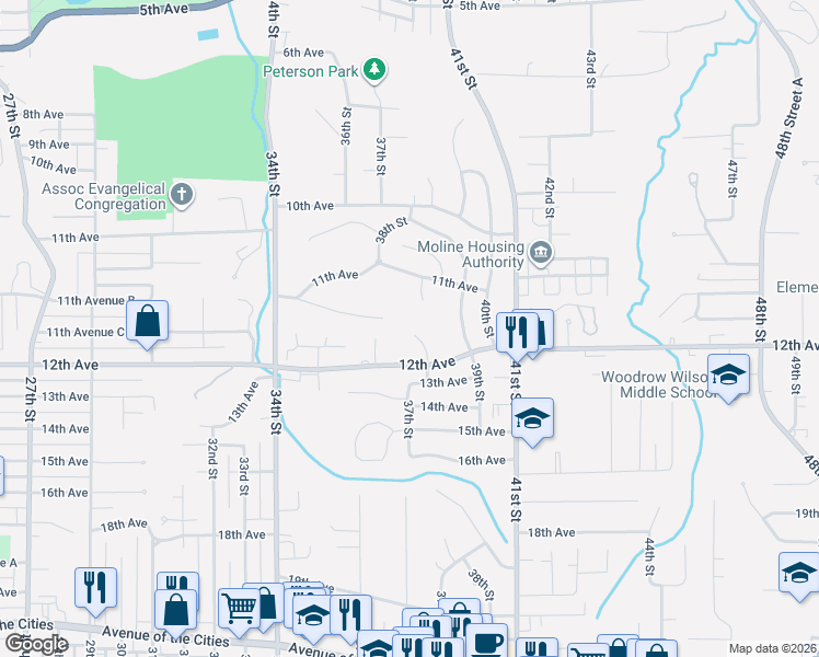 map of restaurants, bars, coffee shops, grocery stores, and more near 1103 37th Street Court in Moline