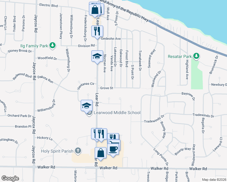 map of restaurants, bars, coffee shops, grocery stores, and more near 278 Balthazar Circle in Avon Lake