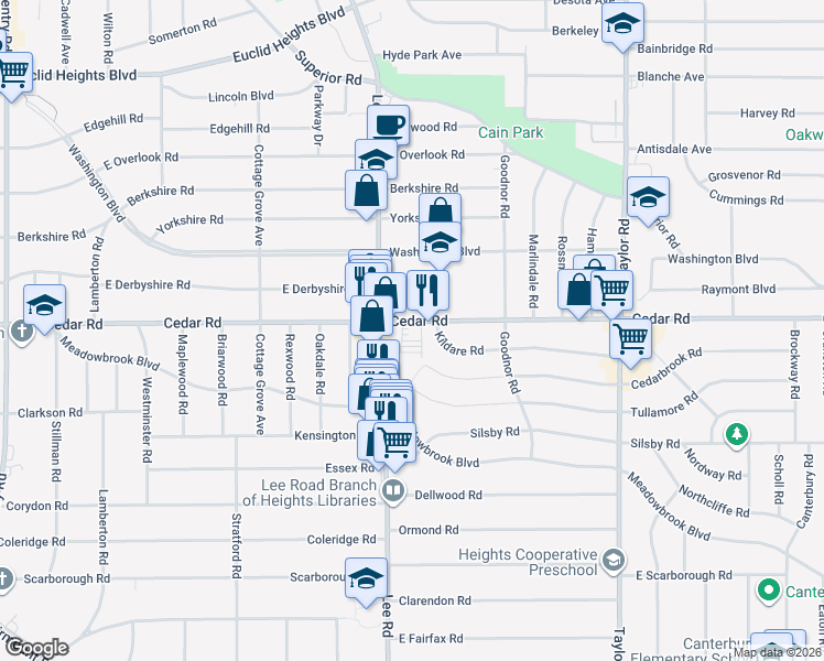 map of restaurants, bars, coffee shops, grocery stores, and more near 3246 Kildare Road in Cleveland Heights