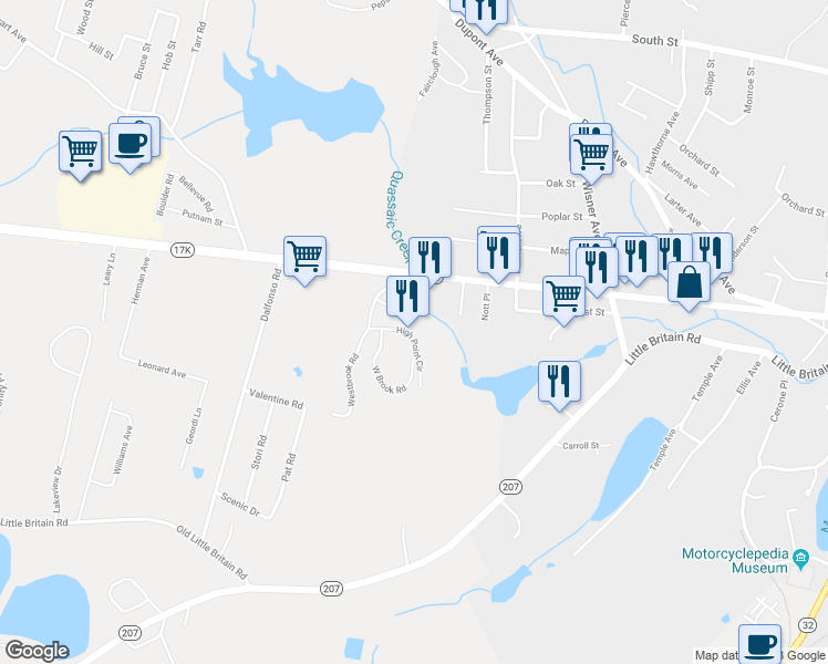map of restaurants, bars, coffee shops, grocery stores, and more near 69 High Point Circle in Newburgh