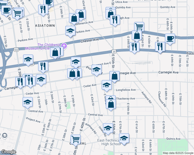 map of restaurants, bars, coffee shops, grocery stores, and more near 4600 Carnegie Avenue in Cleveland