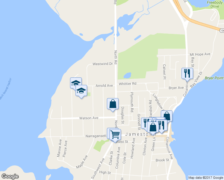 map of restaurants, bars, coffee shops, grocery stores, and more near 87 North Road in Jamestown