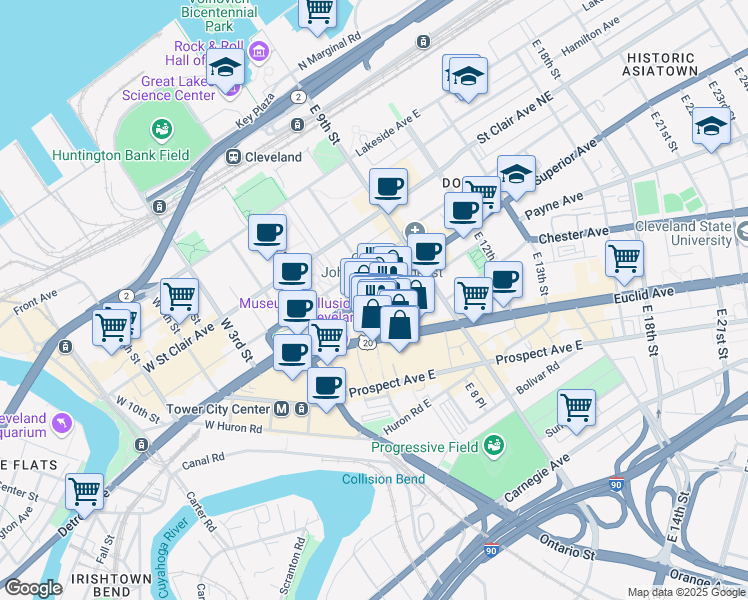 map of restaurants, bars, coffee shops, grocery stores, and more near 1900 East 6th Street in Cleveland