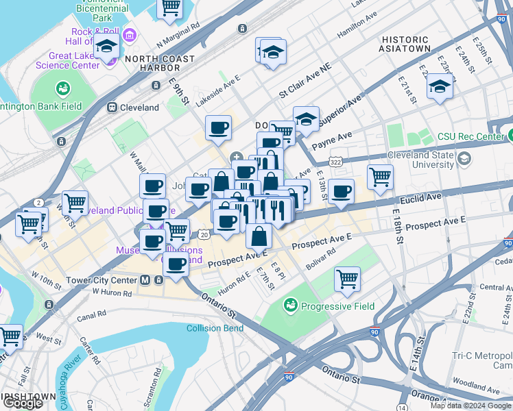 map of restaurants, bars, coffee shops, grocery stores, and more near in Cleveland