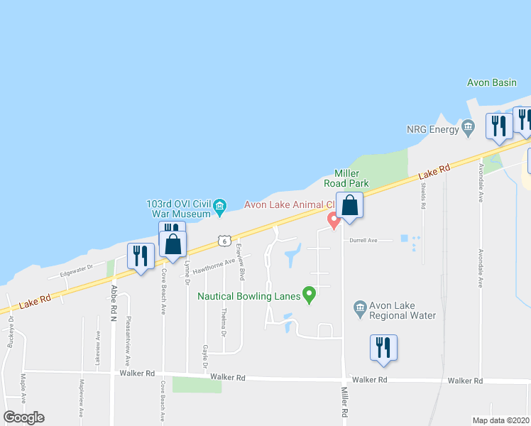 map of restaurants, bars, coffee shops, grocery stores, and more near 33874 Lake Road in Avon Lake