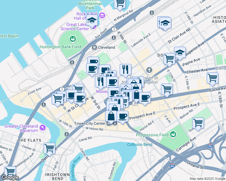 map of restaurants, bars, coffee shops, grocery stores, and more near 116 Rockwell Avenue in Cleveland