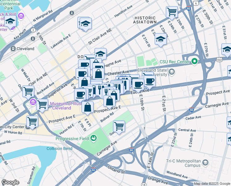 map of restaurants, bars, coffee shops, grocery stores, and more near 1331 Euclid Ave in Cleveland