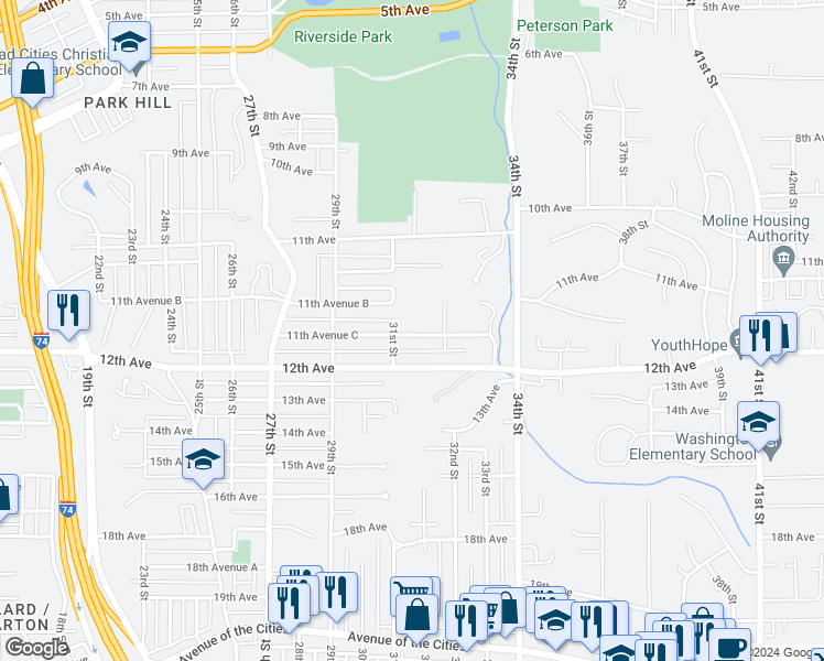 map of restaurants, bars, coffee shops, grocery stores, and more near 3117 11th Avenue C in Moline