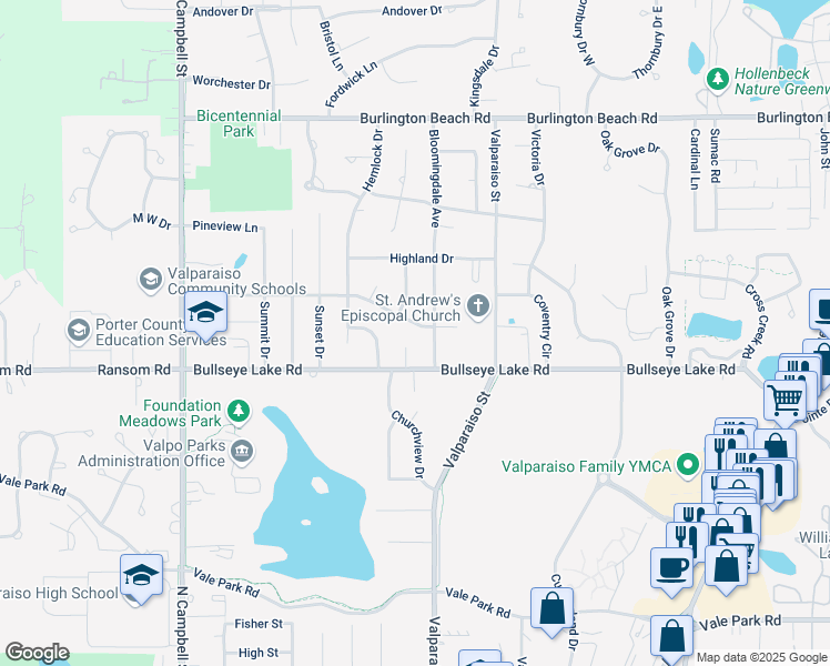 map of restaurants, bars, coffee shops, grocery stores, and more near 3506 Springfield Court in Valparaiso