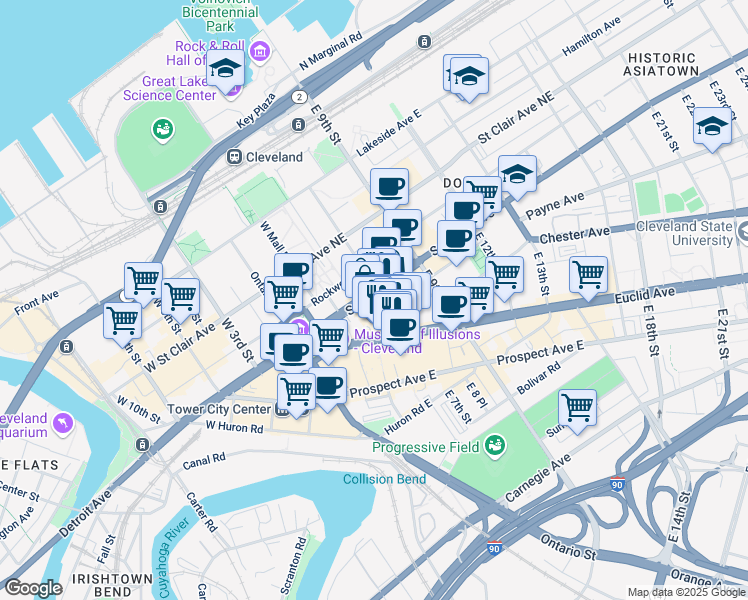 map of restaurants, bars, coffee shops, grocery stores, and more near 526 Superior Avenue in Cleveland