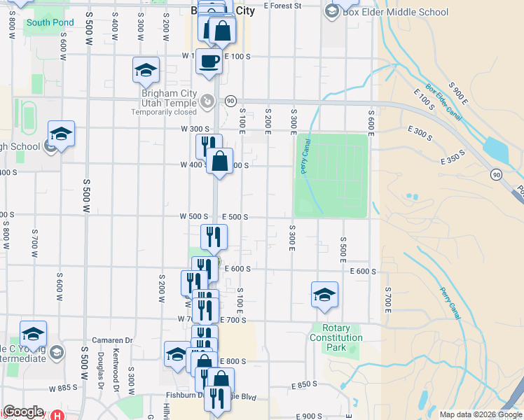 map of restaurants, bars, coffee shops, grocery stores, and more near 507 South 200 East in Brigham City
