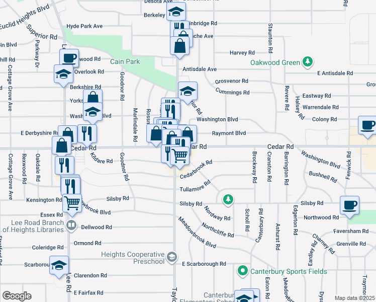 map of restaurants, bars, coffee shops, grocery stores, and more near 2178 Jackson Boulevard in Cleveland Heights