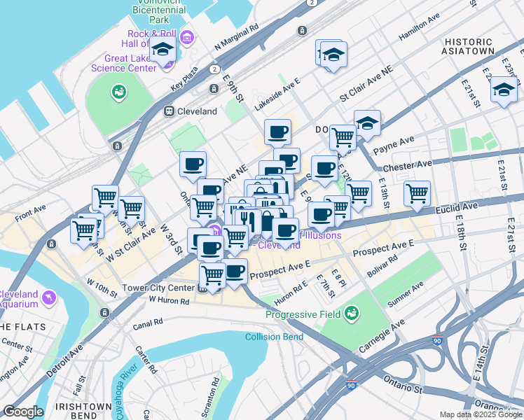 map of restaurants, bars, coffee shops, grocery stores, and more near Superior Avenue East in Cleveland