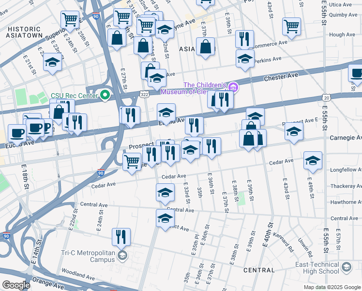 map of restaurants, bars, coffee shops, grocery stores, and more near 3301 Carnegie Avenue in Cleveland