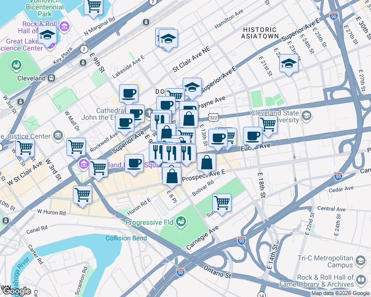 map of restaurants, bars, coffee shops, grocery stores, and more near 1127 Euclid Avenue in Cleveland