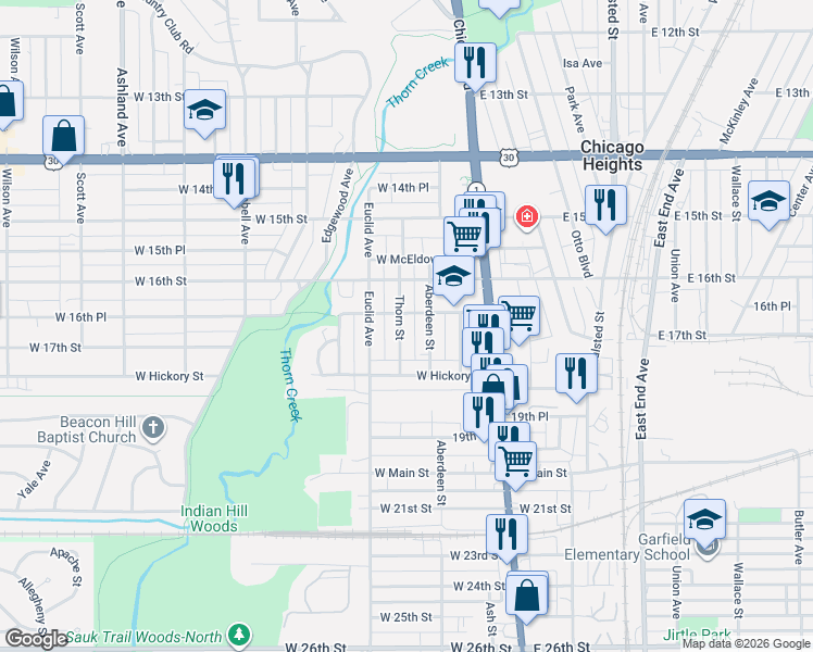 map of restaurants, bars, coffee shops, grocery stores, and more near 1639 Thorn Street in Chicago Heights